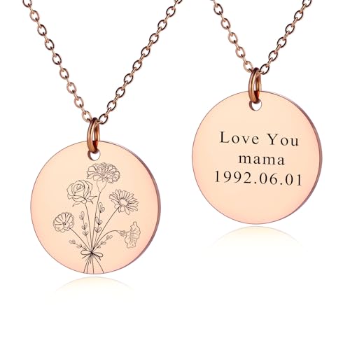 INBLUE Personalisierte Gravierte Geburt Blume Disc Halskette für Damen Gravierte Text Edelstahl Runde Anhänger Kombinierte Geburt Blume Strauß Halskette Zierliche Schmuck Geschenk für Geburtstag - C4 von INBLUE