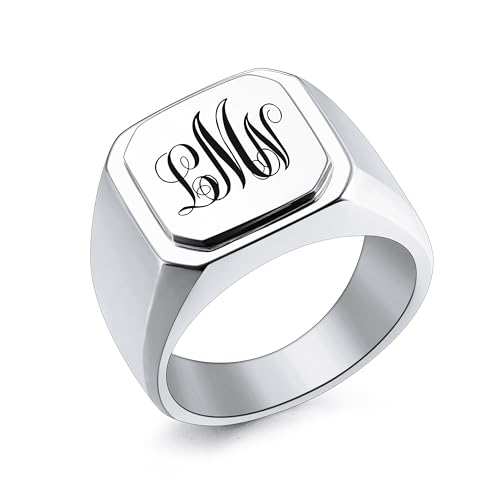 INBLUE Personalisierte Gravierte Name/Initial Monogramm Signet Ringe für Männer mit Optionalen Größe 54-75 Edelstahl Buchstabe Ringe mit Ringe Größe Adjusters Mode Ringe Schmuck für Jahrestag - A3 von INBLUE