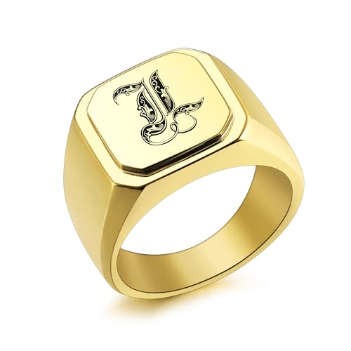 INBLUE Personalisierte Gravierte Name/Initial Monogramm Signet Ringe für Männer mit Optionalen Größe 54-75 Edelstahl Buchstabe Ringe mit Ringe Größe Adjusters Mode Ringe Schmuck für Jahrestag - C1 von INBLUE