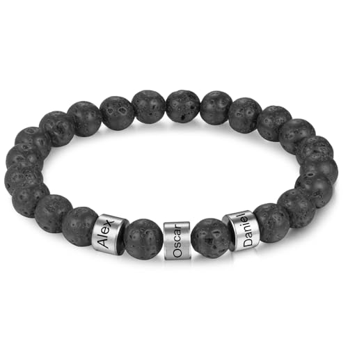 INBLUE Personalisierte Gravur Name Perlen Armbänder für Männer 2-4 Namen Perlen für Freund Vater Familie Tigerauge Stein Lava Stein Armband Schmuck Geschenke für Geburtstag Vatertag Weihnachten C3 von INBLUE