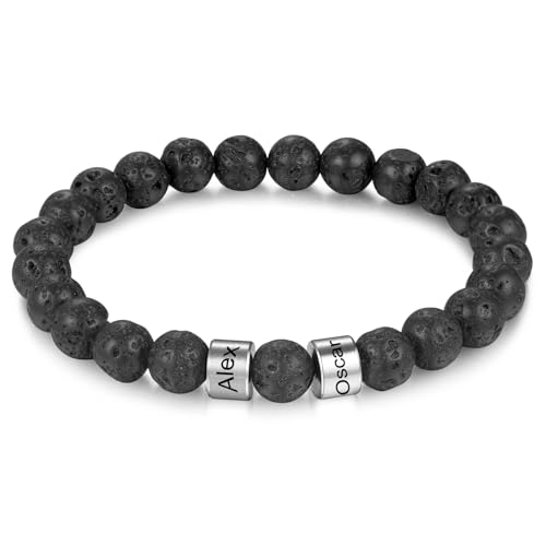 INBLUE Personalisierte Gravur Name Perlen Armbänder für Männer 2-4 Namen Perlen für Freund Vater Familie Tigerauge Stein Lava Stein Armband Schmuck Geschenke für Geburtstag Vatertag Weihnachten C2 von INBLUE