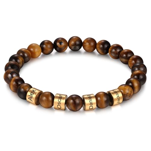INBLUE Personalisierte Gravur Name Perlen Armbänder für Männer 2-4 Namen Perlen für Freund Vater Familie Tigerauge Stein Lava Stein Armband Schmuck Geschenke für Geburtstag Vatertag Weihnachten B4 von INBLUE