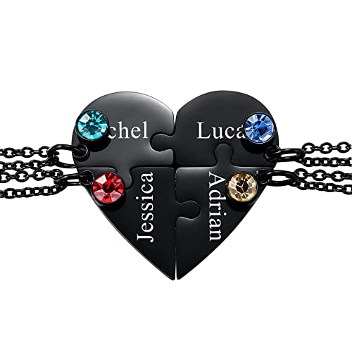 INBLUE Personalisierte Halskette für Männer/Frauen, Paar-/Freundschaftskette für 2/3/4/5 Teile, Schwarz/Silber Herz-Puzzle-Teile-Halsketten-Sets, Name/Text-Gravur Edelstahl-Halskette (4 Stück+Stein) von INBLUE