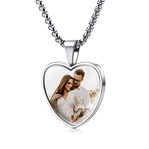 INBLUE Personalisierte Halsketten für Damen/Herren, Fotoketten mit Herzanhänger und Glasdeckel, Silberfarbene/Schwarze Edelstahlkette, für Valentinstagsgeschenke (S: Farbfotos/Text) von INBLUE