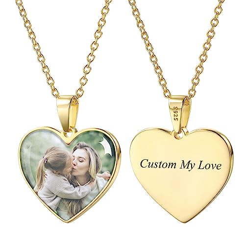 INBLUE Personalisierte Herz Form Halskette mit Gravierten Foto/Text 925 Sterling Silber Dog Tag Anhänger Memorial Geschenk für Mutter Familie Freund Frauen (Herz-Gold) von INBLUE