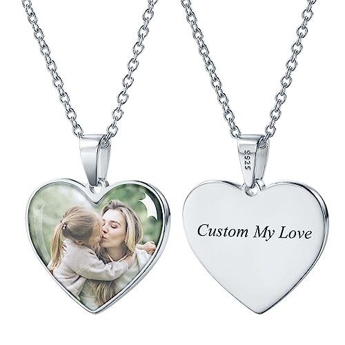 INBLUE Personalisierte Herz Form Halskette mit Gravierten Foto/Text 925 Sterling Silber Dog Tag Anhänger Memorial Geschenk für Mutter Familie Freund Frauen (Herz-Silber) von INBLUE