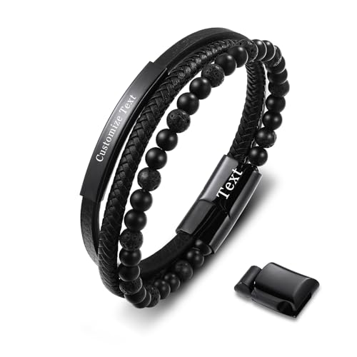 INBLUE Personalisierte Lava Rock Stein Perlen Leder Armbänder mit Edelstahl Verstellbare Schnalle Gravur Text Mehrschichtig Armband Vulkanstein Perlen und Geflochtene Leder Armband für Männer von INBLUE