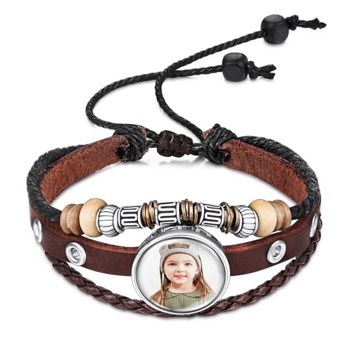 INBLUE Personalisierte Leder Armband mit Bild Inneren für Frauen Wickel Style Einstellbare Geflochtene Seil Armband mit Perlen Memorial Schmuck Geschenk für Mutter Ehefrau (Stil B - Braun) von INBLUE