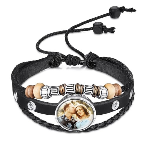 INBLUE Personalisierte Leder Armband mit Bild Inneren für Frauen Wickel Style Einstellbare Geflochtene Seil Armband mit Perlen Memorial Schmuck Geschenk für Mutter Ehefrau (Stil B - Schwarz) von INBLUE