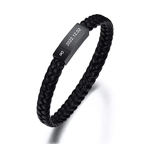 INBLUE Personalisierte Lederarmbänder für Männer und Frauen Benutzerdefinierter Texte Geflochtene Ledermanschette mit Magnetverschluss Schmuck für Männer(Schwarz: Schwarze Schnalle) von INBLUE