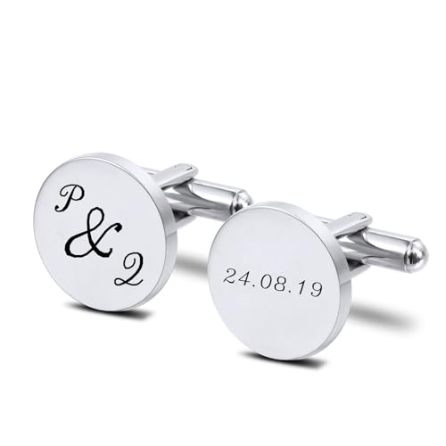 INBLUE Personalisierte Manschettenknöpfe für Männer Eingravierte Initialen Datum Personalisiertes Porträt Edelstahl Geschenk für Freund Ehemann Vater (A2: Silber) von INBLUE