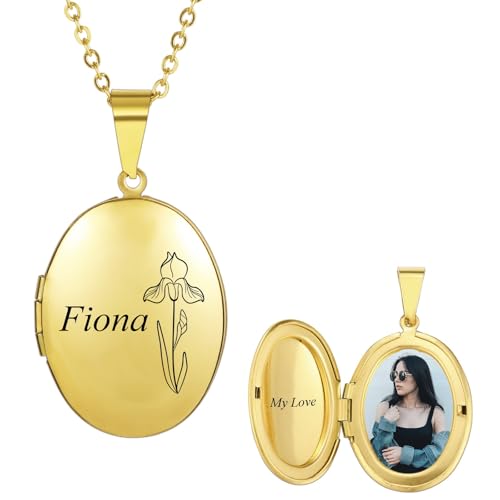 INBLUE Personalisierte Medaillon Halskette für Frauen Gravierte Geburt Blume & Name Edelstahl Rund/Herz/Oval Medaillon Halskette mit Bild/Text Schmuck Geschenk für Frauen Freundin (Oval - Gold) von INBLUE