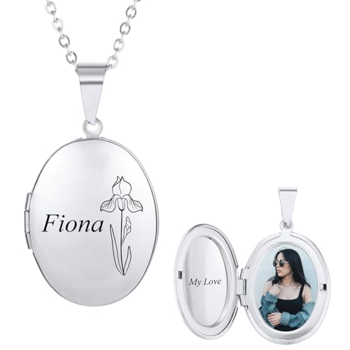 INBLUE Personalisierte Medaillon Halskette für Frauen Gravierte Geburt Blume & Name Edelstahl Rund/Herz/Oval Medaillon Halskette mit Bild/Text Schmuck Geschenk für Frauen Freundin (Oval - Silber) von INBLUE