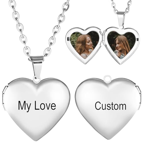 INBLUE Personalisierte Medaillon-Halskette für Frauen Individuelles Foto Text Herz Halskette Gravierte Name Edelstahl Herzform Anhänger Schmuck Geschenk für Ehefrau Schwester - A1 von INBLUE