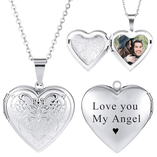 INBLUE Personalisierte Medaillon-Halskette für Frauen Individuelles Foto Text Herz Halskette Gravierte Name Edelstahl Herzform Anhänger Halskette Schmuck Geschenk für Ehefrau Schwester - D1 von INBLUE