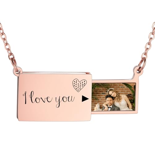 INBLUE Personalisierte Medaillon-Halskette für Frauen Liebesbrief Anhänger mit Geheimer Botschaft Individuelle Umschlag-Halskette mit Bild Schmuck für Paare Geschenke für Mutter Ehefrau Freunde - A3 von INBLUE