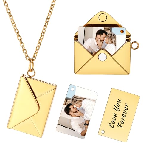 INBLUE Personalisierte Medaillon-Halskette für Frauen Liebesbrief Anhänger mit Geheimer Botschaft Individuelle Umschlag-Halskette mit Bild Schmuck für Paare Geschenke für Mutter Ehefrau Freunde - B2 von INBLUE