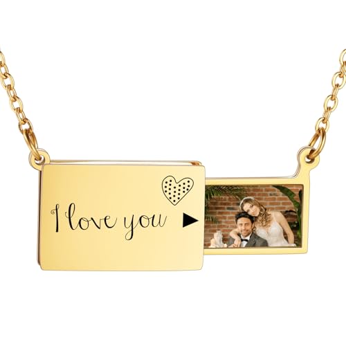 INBLUE Personalisierte Medaillon-Halskette für Frauen Liebesbrief Anhänger mit Geheimer Botschaft Individuelle Umschlag-Halskette mit Bild Schmuck für Paare Geschenke für Mutter Ehefrau Freunde - A2 von INBLUE