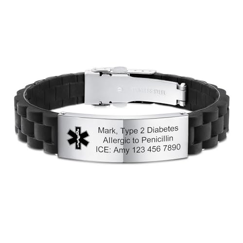 INBLUE Personalisierte Medizinische Alarm Armbänder für Männer Individuelle ID Armbänder Notfall ID Einstellbare Silikon Armband Armbänder mit Gravur Text ID Armbänder für Ältere - A1 INBLUE Personalisierte Medizinische Alarm Armbänder für Männer Individuelle ID Armbänder Notfall ID Einstellbare Silikon Armband Armbänder mit Gravur Text ID Armbänder für Ältere - A1 von INBLUE