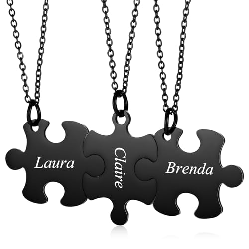 INBLUE Personalisierte Name Puzzle Stück Halskette für Frauen Puzzle-Halskette für Schwestern Beste Freundin Edelstahl Puzzle Anhänger Halskette Sets Schmuck Geschenk für Paar 02 - Schwarz & 3 Stück von INBLUE