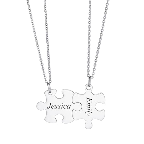 INBLUE Personalisierte Name Puzzle Stück Halskette für Frauen Puzzle-Halskette für Schwestern Beste Freundin Edelstahl Puzzle Anhänger Halskette Sets Schmuck Geschenk für Paar 02 - Silber & 2 Stück von INBLUE