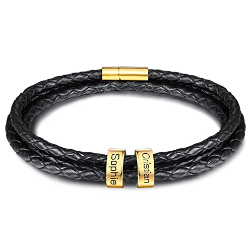 INBLUE Personalisierte Namen Armbänder Herren Gravur Lederarmband Edelstahl Goldne Perlen Anhänger Schmuck Geschenke für Männer Papa Familie Damen (Gold, 2 Perlen) von INBLUE