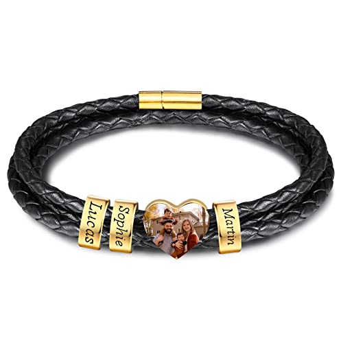 INBLUE Personalisierte Namen Armbänder Herren Gravur Lederarmband Edelstahl Goldne Perlen Anhänger Schmuck Geschenke für Männer Papa Familie Damen (Gold, Herz 1 Perle) von INBLUE