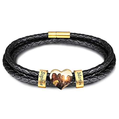 INBLUE Personalisierte Namen Armbänder Herren Gravur Lederarmband Edelstahl Goldne Perlen Anhänger Schmuck Geschenke für Männer Papa Familie Damen (Gold, Herz 2 Perle) von INBLUE