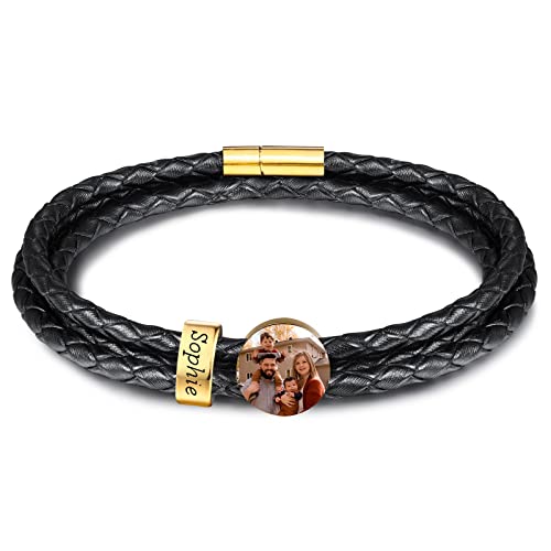 INBLUE Personalisierte Namen Armbänder Herren Gravur Lederarmband Edelstahl Goldne Perlen Anhänger Schmuck Geschenke für Männer Papa Familie Damen (Gold, Runde 1 Perle) von INBLUE