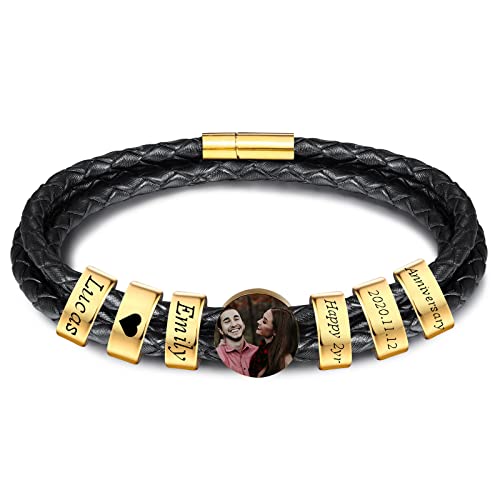 INBLUE Personalisierte Namen Armbänder Herren Gravur Lederarmband Edelstahl Goldne Perlen Anhänger Schmuck Geschenke für Männer Papa Familie Damen (Gold, Runde 4 Perle) von INBLUE