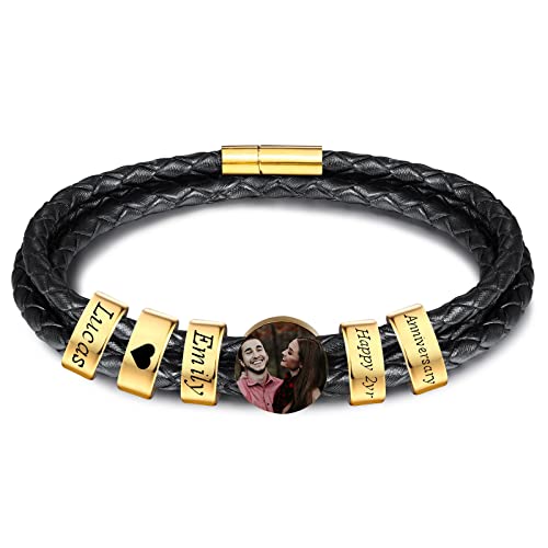 INBLUE Personalisierte Namen Armbänder Herren Gravur Lederarmband Edelstahl Goldne Perlen Anhänger Schmuck Geschenke für Männer Papa Familie Damen (Gold, Runde 5 Perle) von INBLUE