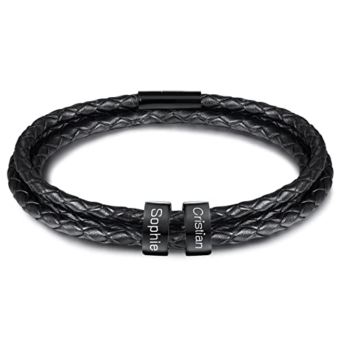 INBLUE Personalisierte Namen Armbänder Herren Gravur Lederarmband Edelstahl Schwarzne Perlen Anhänger Schmuck Geschenke für Männer Papa Familie Damen (Schwarz, 2 Perlen) von INBLUE