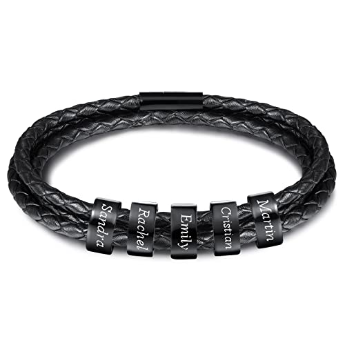 INBLUE Personalisierte Namen Armbänder Herren Gravur Lederarmband Edelstahl Schwarzne Perlen Anhänger Schmuck Geschenke für Männer Papa Familie Damen (Schwarz, 3 Perlen) von INBLUE