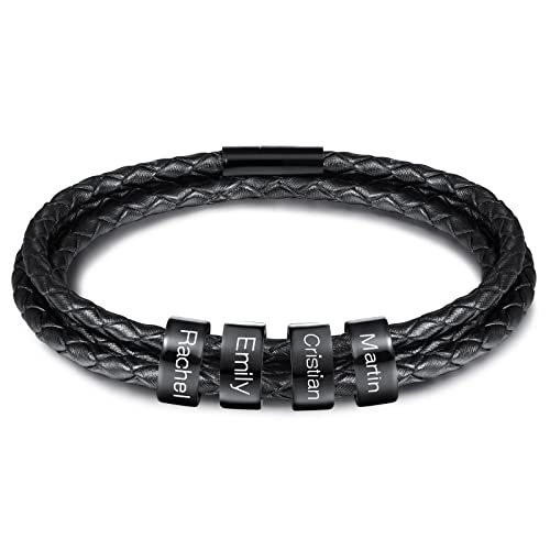 INBLUE Personalisierte Namen Armbänder Herren Gravur Lederarmband Edelstahl Schwarzne Perlen Anhänger Schmuck Geschenke für Männer Papa Familie Damen (Schwarz, 4 Perlen) von INBLUE