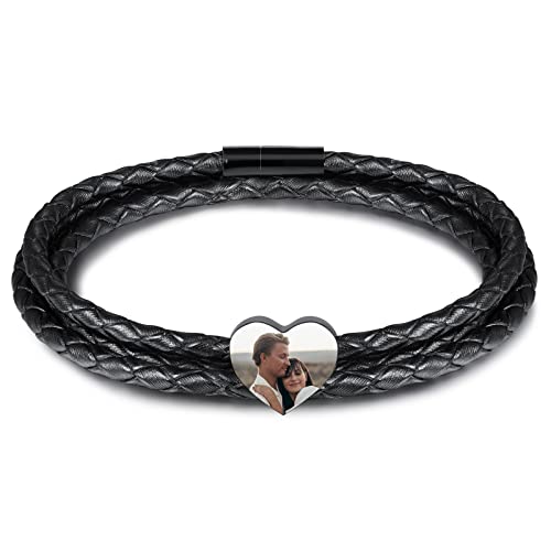 INBLUE Personalisierte Namen Armbänder Herren Gravur Lederarmband Edelstahl Schwarzne Perlen Anhänger Schmuck Geschenke für Männer Papa Familie Damen (Schwarz, Herz 2 Perle) von INBLUE