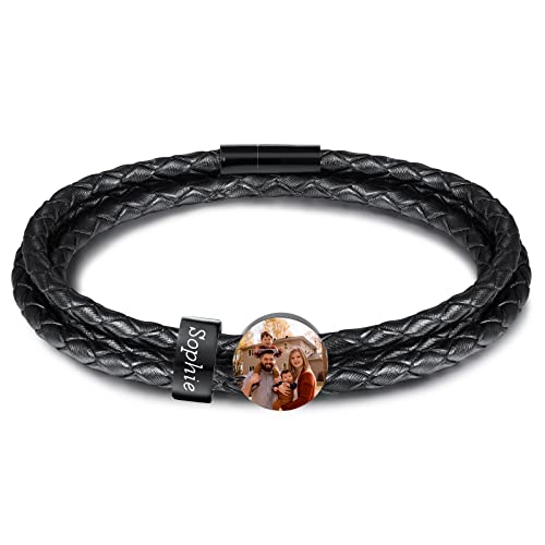 INBLUE Personalisierte Namen Armbänder Herren Gravur Lederarmband Edelstahl Schwarzne Perlen Anhänger Schmuck Geschenke für Männer Papa Familie Damen (Schwarz, Runde 1 Perle) von INBLUE