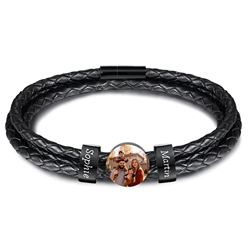 INBLUE Personalisierte Namen Armbänder Herren Gravur Lederarmband Edelstahl Schwarzne Perlen Anhänger Schmuck Geschenke für Männer Papa Familie Damen (Schwarz, Runde 2 Perle) von INBLUE