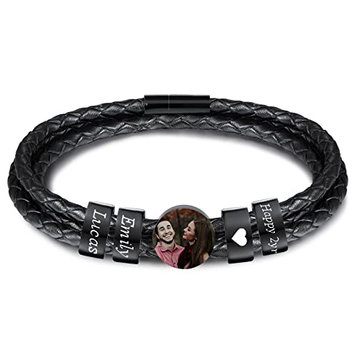 INBLUE Personalisierte Namen Armbänder Herren Gravur Lederarmband Edelstahl Schwarzne Perlen Anhänger Schmuck Geschenke für Männer Papa Familie Damen (Schwarz, Runde 4 Perle) von INBLUE