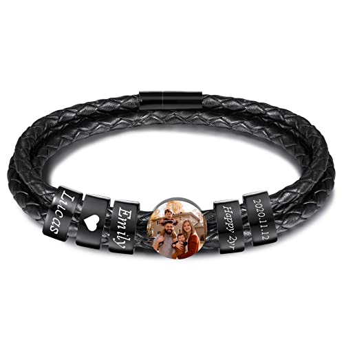 INBLUE Personalisierte Namen Armbänder Herren Gravur Lederarmband Edelstahl Schwarzne Perlen Anhänger Schmuck Geschenke für Männer Papa Familie Damen (Schwarz, Runde 5 Perle) von INBLUE