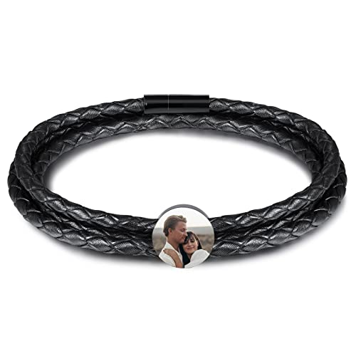 INBLUE Personalisierte Namen Armbänder Herren Gravur Lederarmband Edelstahl Schwarzne Perlen Anhänger Schmuck Geschenke für Männer Papa Familie Damen (Schwarz, Rundes Foto) von INBLUE