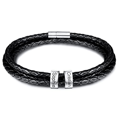 INBLUE Personalisierte Namen Armbänder Herren Gravur Lederarmband Edelstahl Silberne Perlen Anhänger Schmuck Geschenke für Männer Papa Familie Damen (Silber, 2 Perlen) von INBLUE