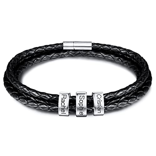 INBLUE Personalisierte Namen Armbänder Herren Gravur Lederarmband Edelstahl Silberne Perlen Anhänger Schmuck Geschenke für Männer Papa Familie Damen (Silber, 3 Perlen) von INBLUE