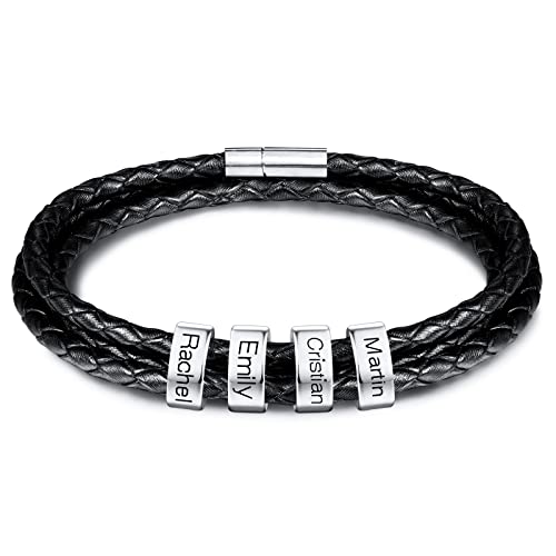 INBLUE Personalisierte Namen Armbänder Herren Gravur Lederarmband Edelstahl Silberne Perlen Anhänger Schmuck Geschenke für Männer Papa Familie Damen (Silber, 4 Perlen) von INBLUE