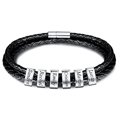 INBLUE Personalisierte Namen Armbänder Herren Gravur Lederarmband Edelstahl Silberne Perlen Anhänger Schmuck Geschenke für Männer Papa Familie Damen (Silber, 6 Perlen) von INBLUE