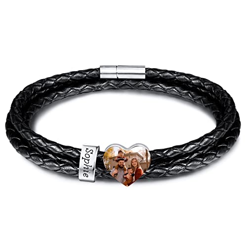 INBLUE Personalisierte Namen Armbänder Herren Gravur Lederarmband Edelstahl Silberne Perlen Anhänger Schmuck Geschenke für Männer Papa Familie Damen (Silber, Herz 1 Perle) von INBLUE