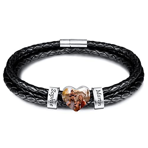 INBLUE Personalisierte Namen Armbänder Herren Gravur Lederarmband Edelstahl Silberne Perlen Anhänger Schmuck Geschenke für Männer Papa Familie Damen (Silber, Herz 2 Perle) von INBLUE