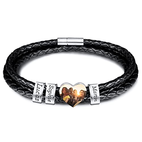 INBLUE Personalisierte Namen Armbänder Herren Gravur Lederarmband Edelstahl Silberne Perlen Anhänger Schmuck Geschenke für Männer Papa Familie Damen (Silber, Herz 3 Perle) von INBLUE