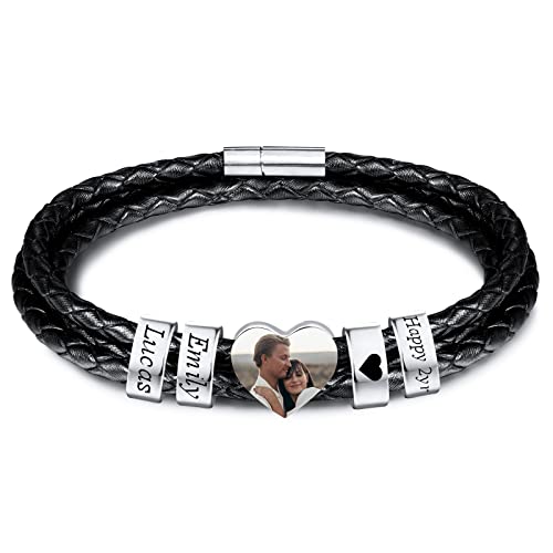 INBLUE Personalisierte Namen Armbänder Herren Gravur Lederarmband Edelstahl Silberne Perlen Anhänger Schmuck Geschenke für Männer Papa Familie Damen (Silber, Herz 4 Perle) von INBLUE