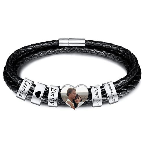 INBLUE Personalisierte Namen Armbänder Herren Gravur Lederarmband Edelstahl Silberne Perlen Anhänger Schmuck Geschenke für Männer Papa Familie Damen (Silber, Herz 5 Perle) von INBLUE