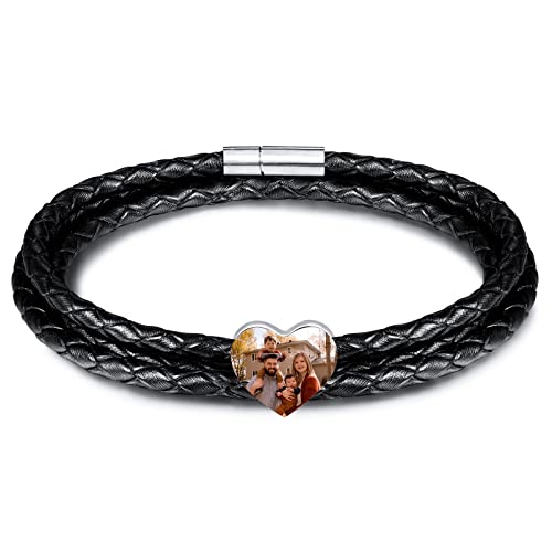 INBLUE Personalisierte Namen Armbänder Herren Gravur Lederarmband Edelstahl Silberne Perlen Anhänger Schmuck Geschenke für Männer Papa Familie Damen (Silber, Herz Foto) von INBLUE